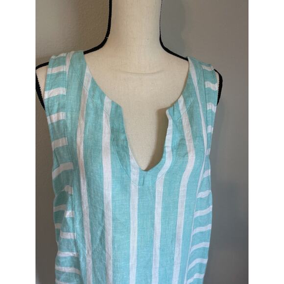 Sigrid Olsen 100% Linen Shift Dress Teal White Stripe Pockets Sleeveless Medium - Picture 2 of 10